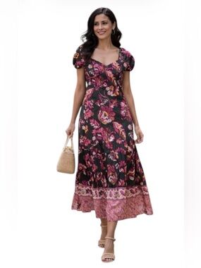 Adrianna Papell Viscose Floral Puff Sleeve Midi Summer Dress olive Green Pink 8
